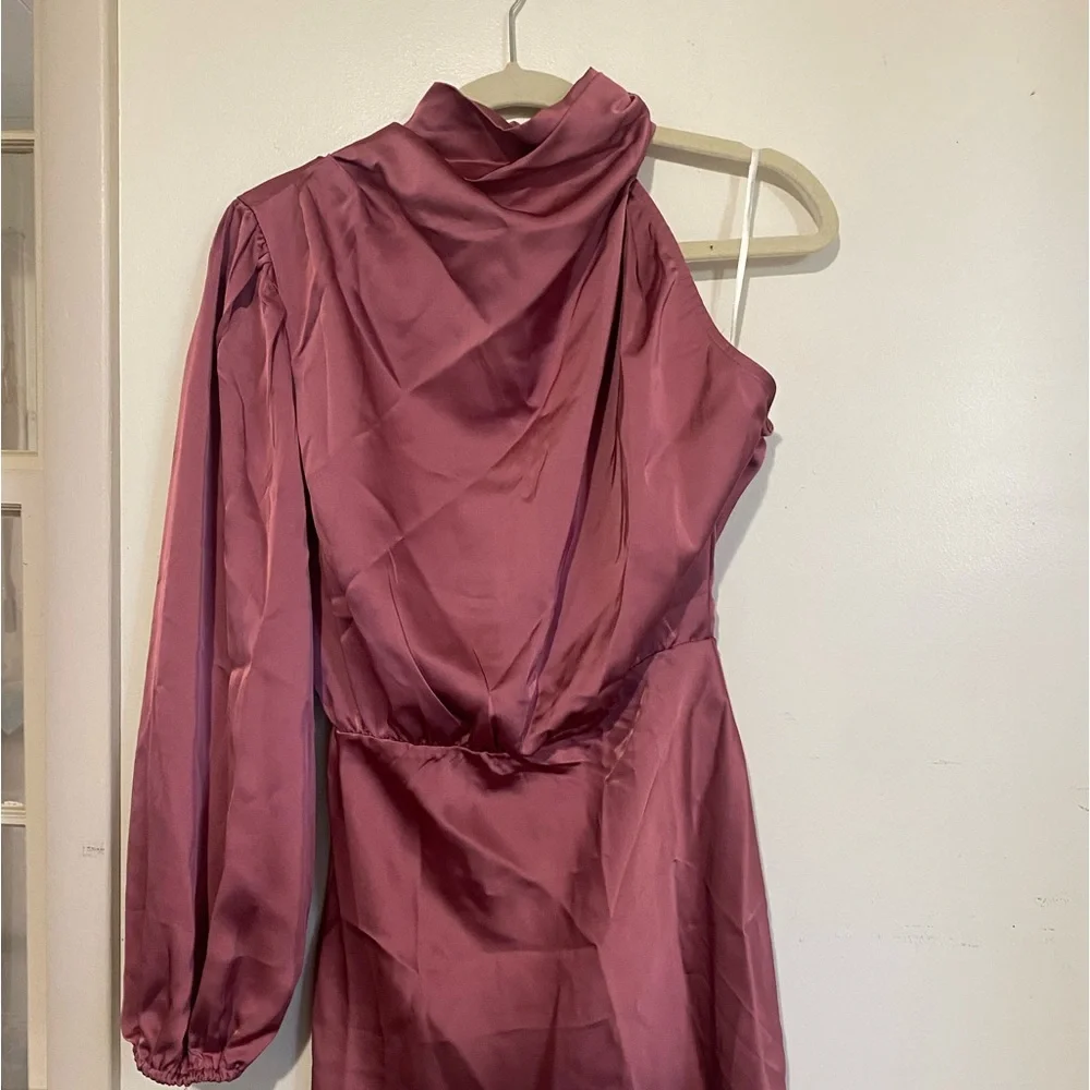 Hello Molly One-Shoulder Satin Mini Dress in Dusty Rose